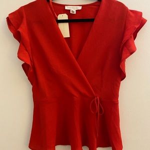 Size large Monteau Los Angeles red blouse false wrap top